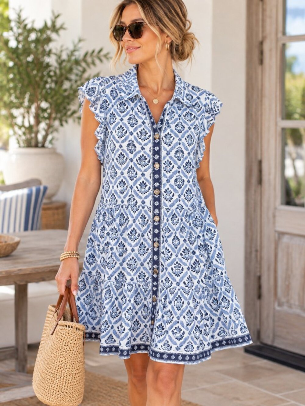 LUCKY BRAND Blue White Floral Tiered Button Front Dress L Boho Coastal Summer